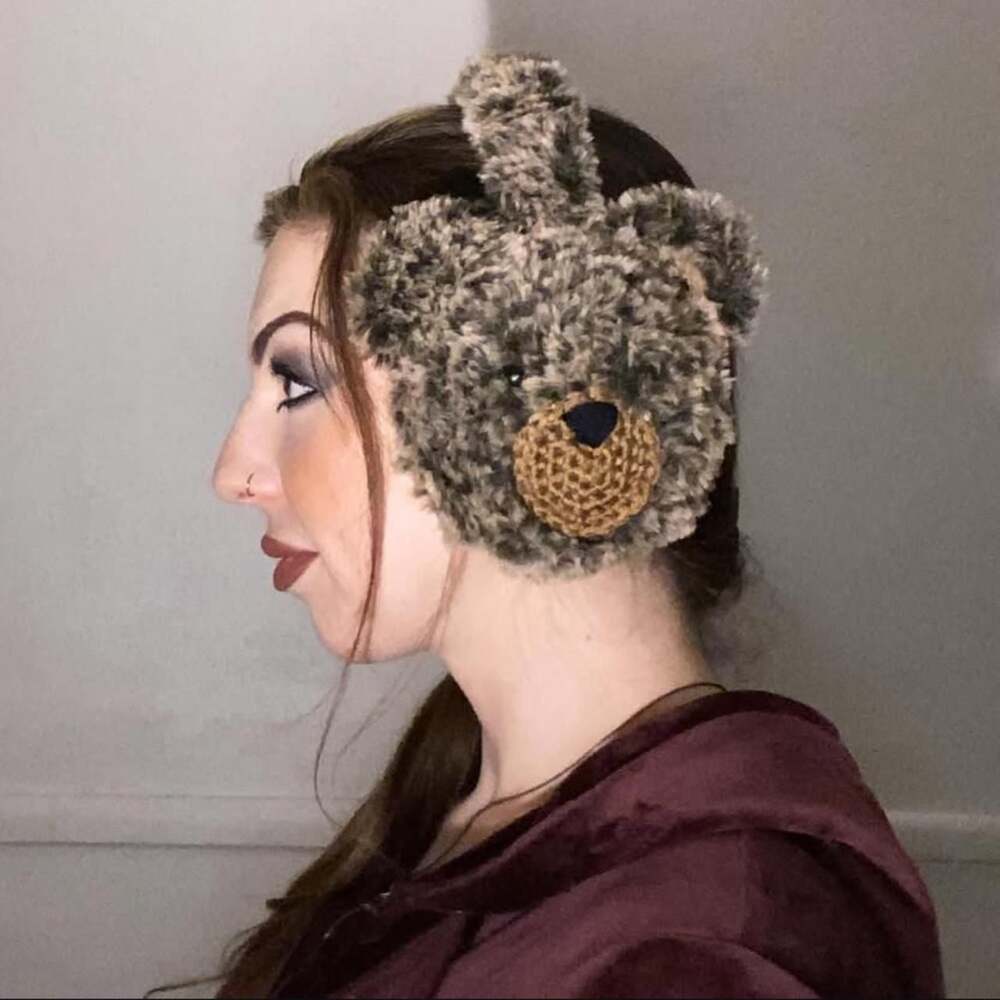 Handmade Furry Teddy Bear Crochet Earmuffs Brown Faux Fur